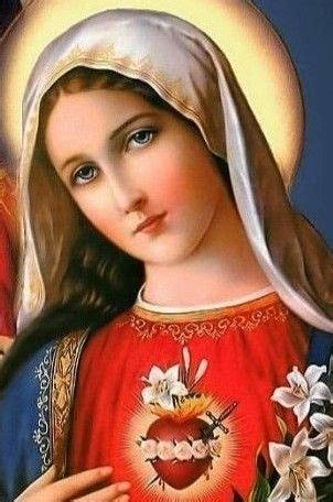 An Image Of The Virgin Mary With Flowers In Her Hand And Wearing A Red