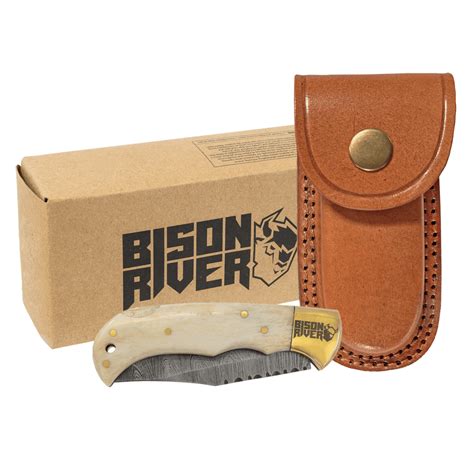 BISON RIVER 3 3 4 Bone Folding Knife With Damascus Steel Blade And