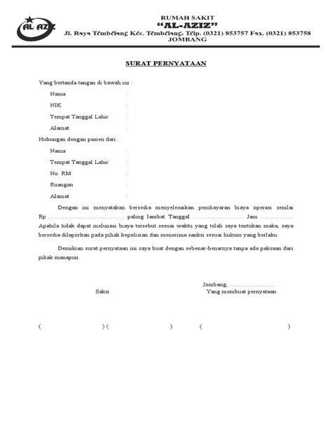 Surat Pernyataan Pembayaran Biaya Operasi Kop Pdf