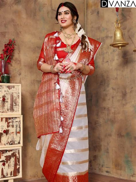 Durga Puja Special Red And White Gold Kora Silk Organza Saree