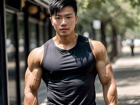 Premium Ai Image Sexy Muscular Asian Guy With Black Tank Top Looking At Camera Illustration