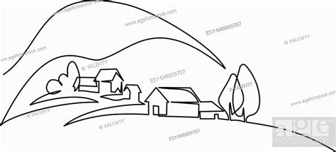 Continuous Line Drawing Landscape With Village On Hill Stock Vector