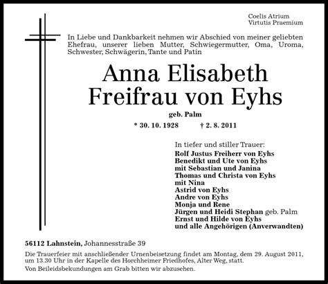 Traueranzeigen Von Anna Elisabeth Freifrau Von Eyhs Rz Trauer De