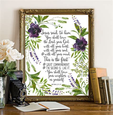 Matthew 22:37-39 Bible verse wall art bible print purple | Etsy