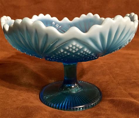 Rare Davidson Pearline Lords And Ladies Blue Opalescent Glass Compote