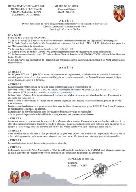 Arr T Municipal Portant Permission De Voirie Les Bartavelles Nord