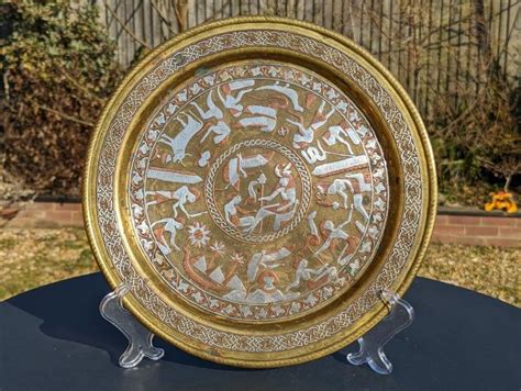 Antique Cairo Ware Egyptian Mamluk Brass Inlaid Plate