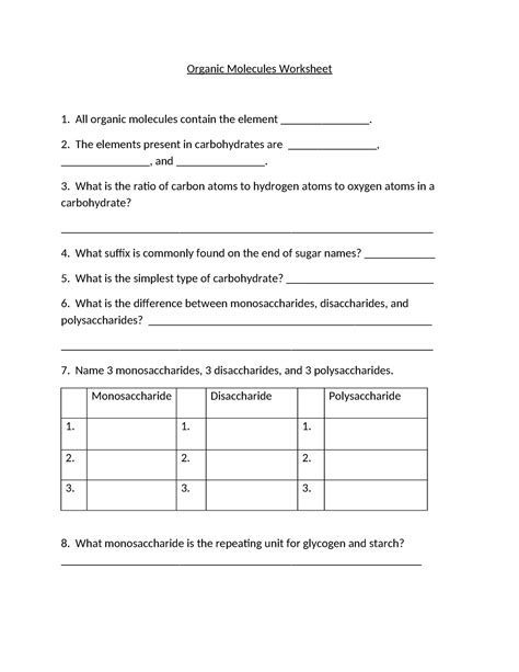 Biomolecules Worksheet Organic Molecules Worksheet All Organic