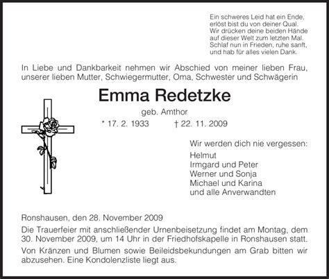 Traueranzeigen Von Emma Redetzke Trauerhnade