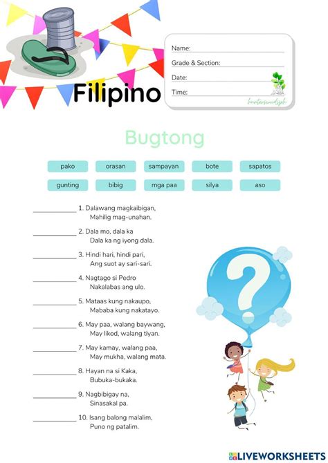 Mga Bugtong - HunterWoodsPH.com Worksheet activity | Activities, School ...