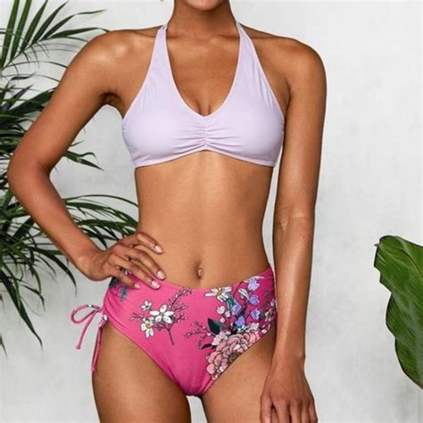 Cupshe Swim New Light Purple Floral Print Bikini Swim Set Size Xxl