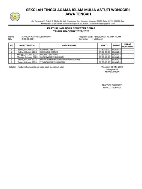 Cetak Kartu Ujian Akhir Semester Portal Akademik Pdf