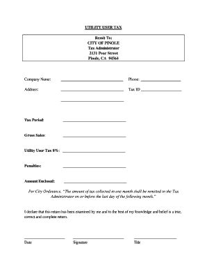 Fillable Online Utility User Tax Collection Form City Of Pinole Fax