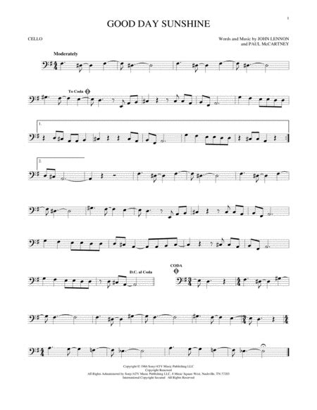 Good Day Sunshine By The Beatles Cello Solo Digital Sheet Music