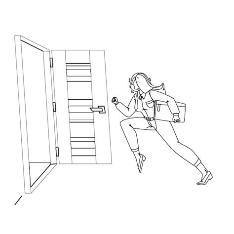 Mujer saliendo de la habitación corriendo para abrir la puerta vector