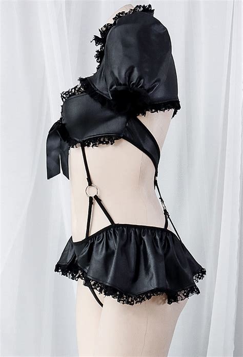 Sexy Lingerie Ruffled Lace Bodysuit Puff Sleeves High Collar Hollow