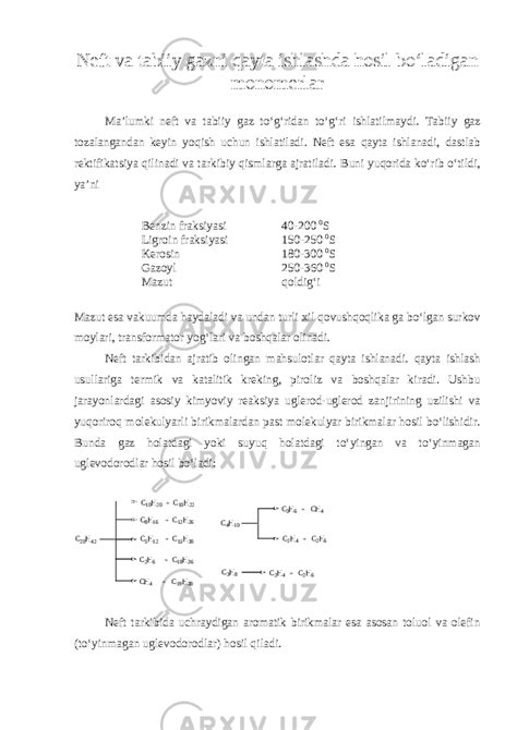 Neft va tabiiy gazni qayta ishlashda hosil bоladigan monomerlar