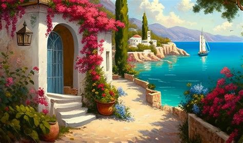 Wellyu Mediterranean Sea Garden Landscape Oil Painting Wallpaper