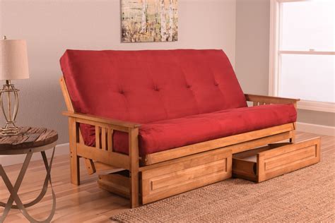 Andover Futon Frame And Drawer Set In Light Honey Oak Wood Suede