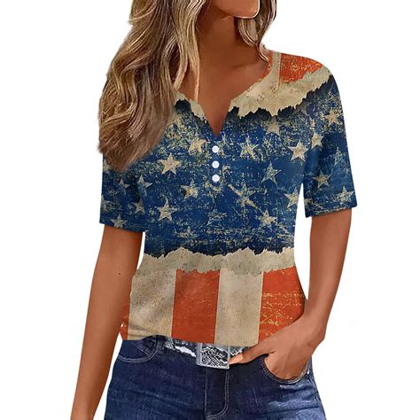 Wangxldd Henley Neck Short Sleeve Womens Tops 2024 4th Of July