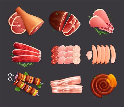 Premium Vector Meat Products Set Of Flat Icons With Ripe Meat And