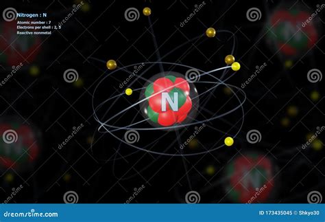 Átomo De Nitrógeno Con Núcleo Detallado Y Sus 7 Electrones Con átomos