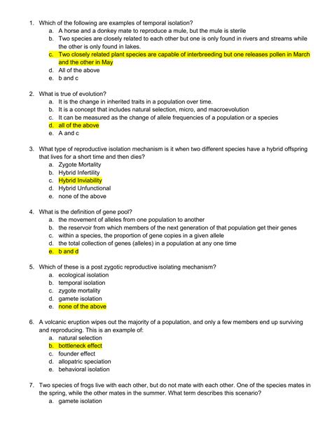 Evolution Practice Multiple Choice 2018