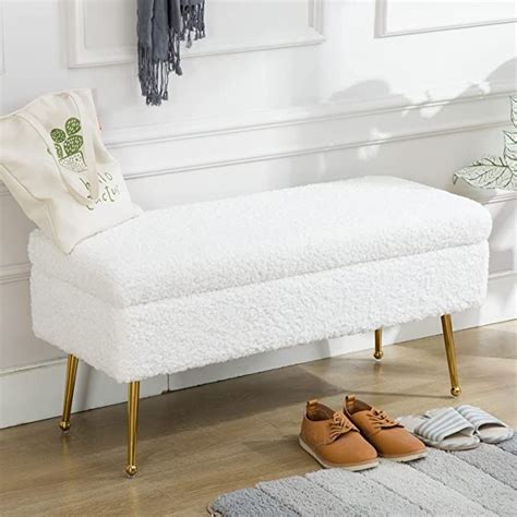 Zhenghao White Storage Entryway Bench Fuzzy Faux Fur Upholstered