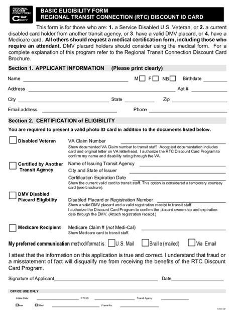 Fillable Online Basic Eligibility Form Regional Transit Connection Rtc