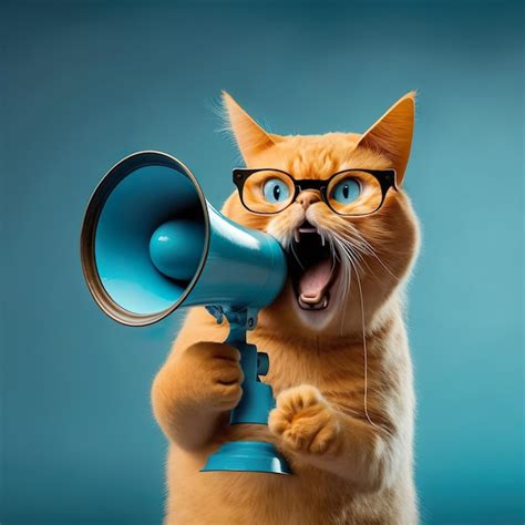 Premium Photo Cool Ginger Cat Holding And Screaming Into Loudspeaker On Blue Background