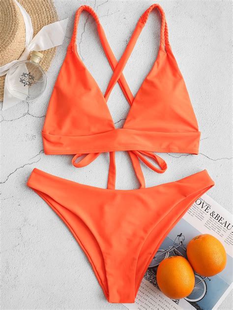 Zaful Neon Braided Criss Cross Bikini Swimsuit Orange Spon Braided