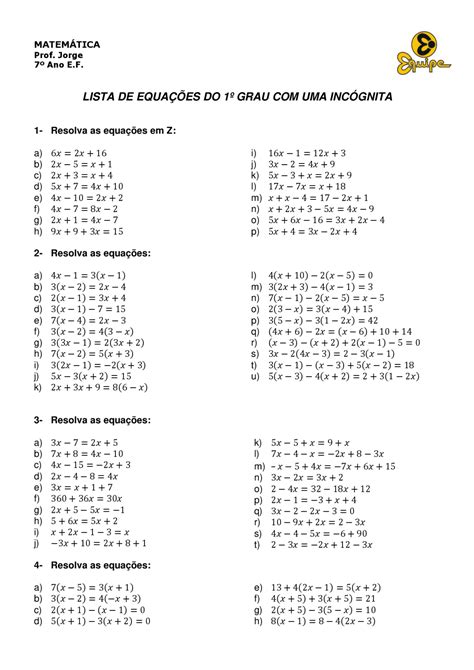 Lista Equações Do 1 Grau Revoeduca