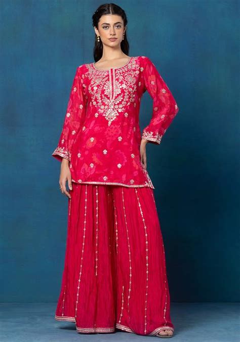 Buy Women Pink Embellished Sharara Set With Zari Embellished Short