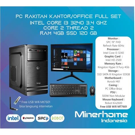 Jual PC Rakitan Office Kantor Full Set Intel Core I3 3240 Ram 4Gb SSD