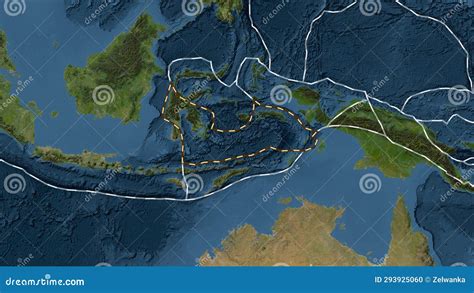 Banda Sea Plate Dashed Patterson Cylindrical Satellite Stock