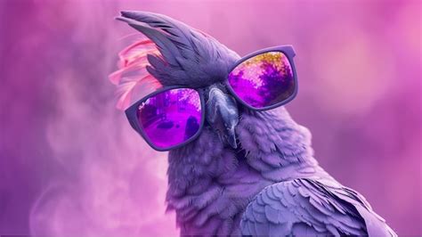 Premium Photo Parrot Bird Wearing Sunglasses In Solid Purple Background