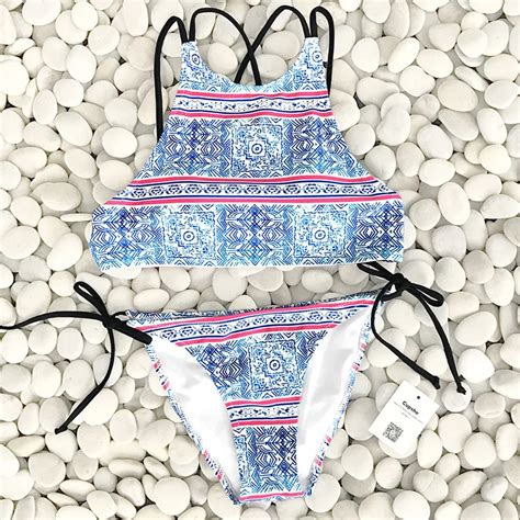 Cupshe Women Printing Cross Padding Bikini Set Summer Sexy Swimsuit