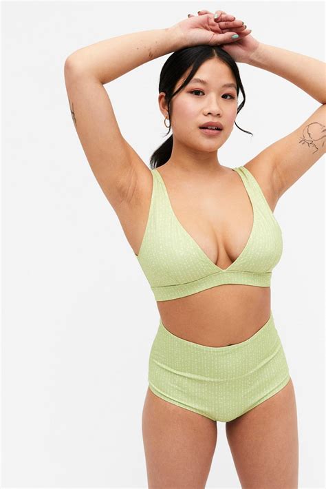 Monki Swimwear Women Triangle Bikini Top Green White Dots Melisa