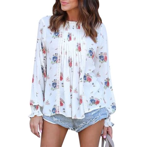 Summer Boho Floral Ruffle Blouse Tops Women White Long Sleeve Elegant