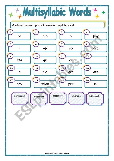 Free Printable Multisyllabic Words Worksheets