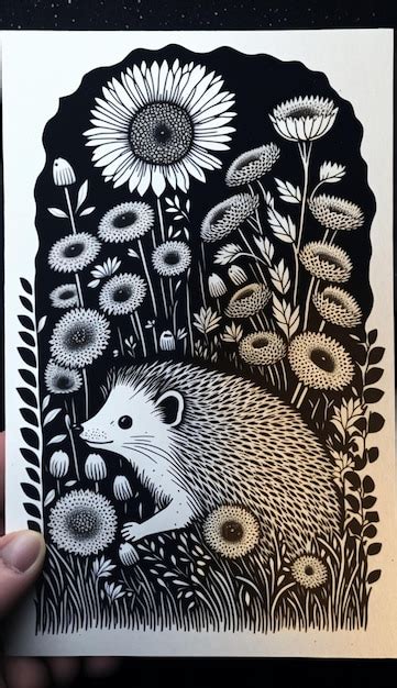 Premium AI Image | A black and white drawing of a hedgehog with flowers ...