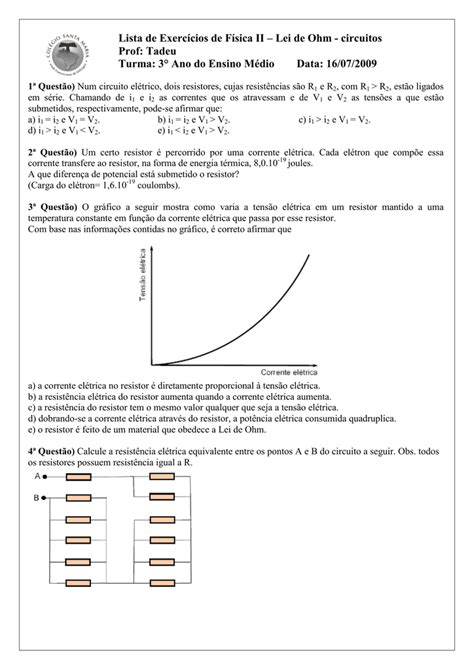 Exercicios Sobre A 1 Lei De Ohm - Dicas de Lei