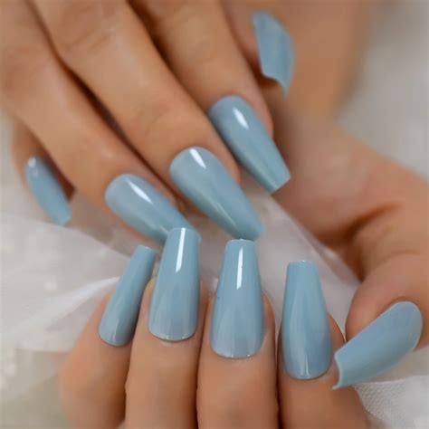 Glossy Light Blue Coffin Fake Nails Ballerina Press On False Faux Ongles Salon Nails Tips Office