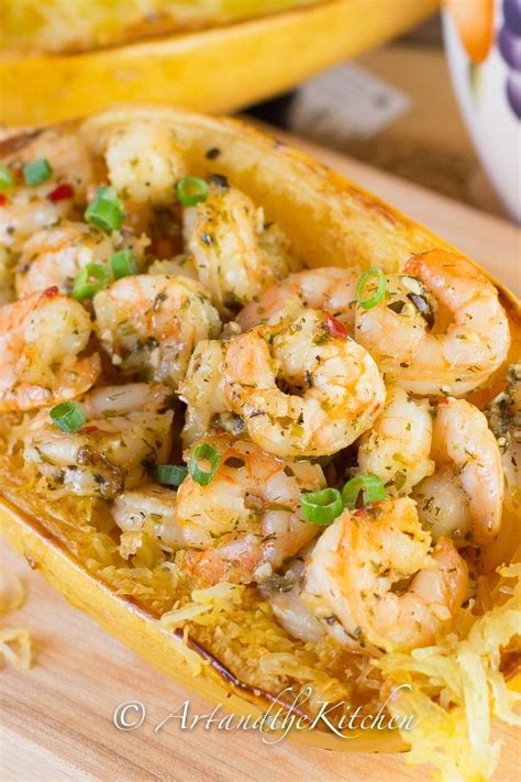 Spaghetti Squash With Lemon Garlic Shrimp Art And The Kitchen Easy To Make Tasty Oven Baked