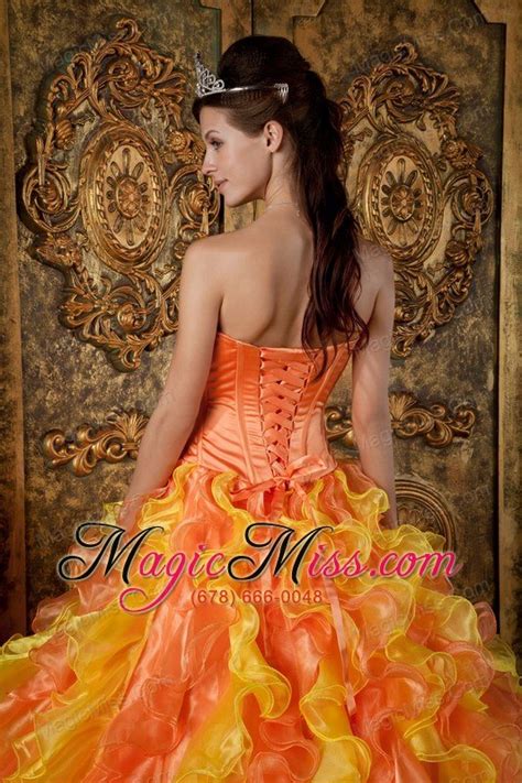 Orange Ball Gown Strapless Floor Length Organza Ruffles Quinceanera Dress Us23269