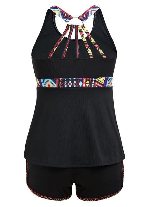 Patchwork Mid Waisted Tribal Print Black Tankini Set Modlily