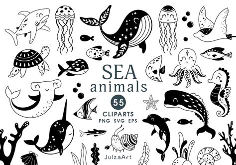 Sea Animals Svg Black Ocean Clipart Under The Sea Png Nautical Clip