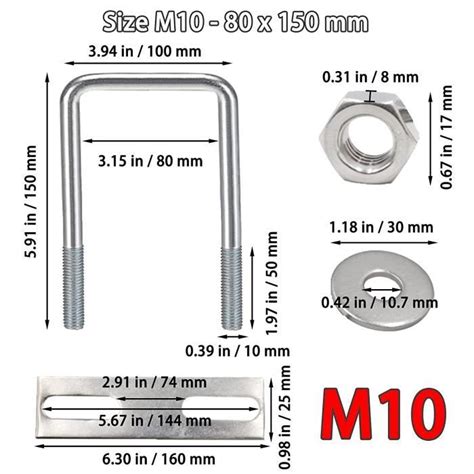 U Boulons Carré Boulons En U 80 x 150 mm U Bolts En Acier Inox M10 U