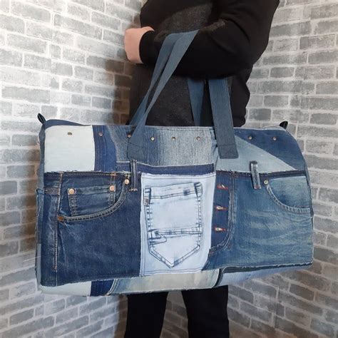 Large Travel Denim Bag Weekender Bag Of Recycled Jeans Jean Overnight Large Bag Denim Tote Of