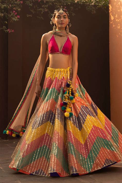 Buy Kaaisha By Shalini Multi Color Silk Sequins Embellished Lehenga And